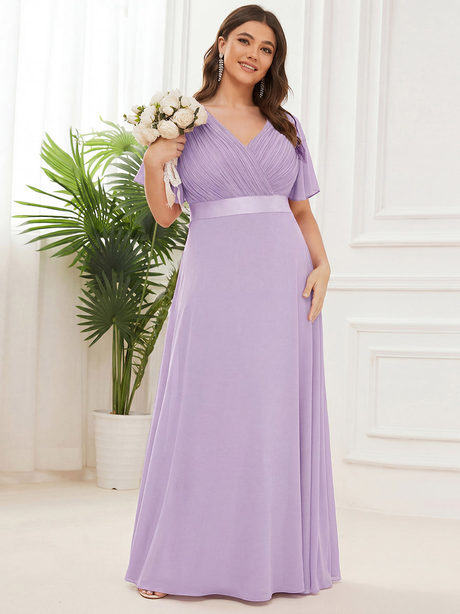 Plus Size Long Empire Waist Evening Dress With Short Flutter Sleeves #color_Frosted Lilac