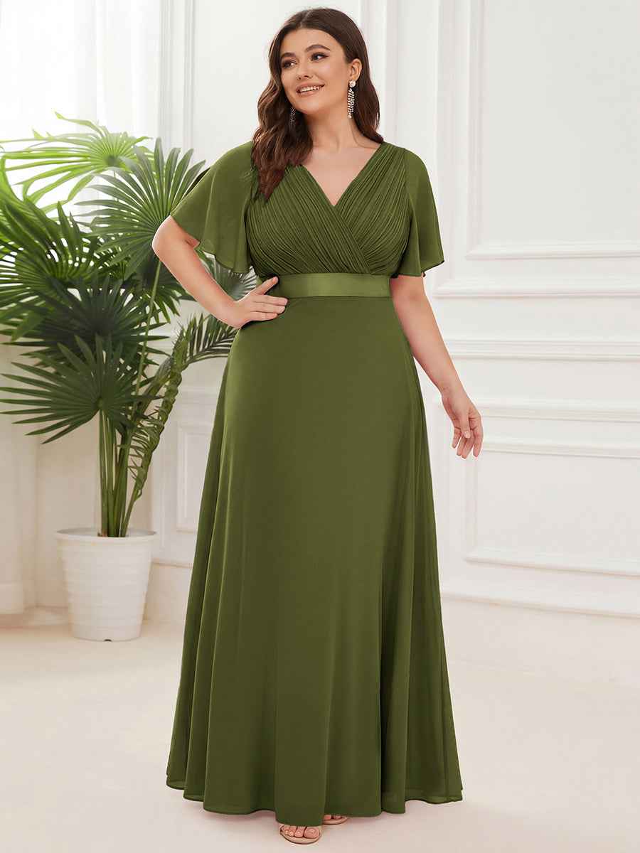Plus Size Simple Empire Waist Flutter Sleeve Evening Dress #color_Olive Green