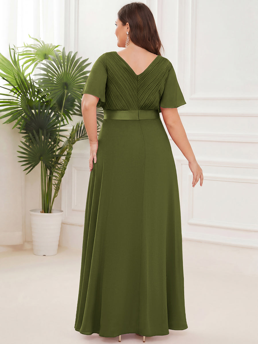 Plus Size Simple Empire Waist Flutter Sleeve Evening Dress #color_Olive Green