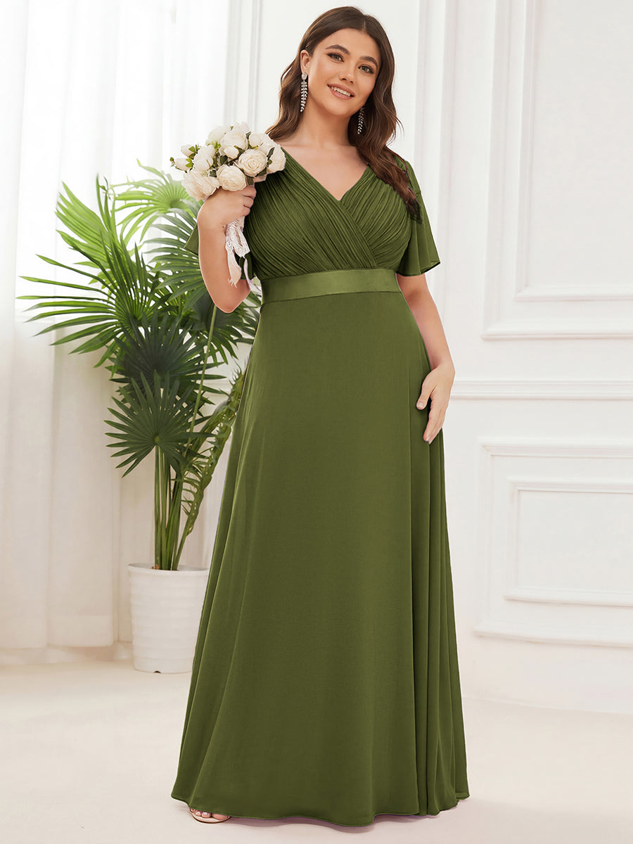 Plus Size Simple Empire Waist Flutter Sleeve Evening Dress #color_Olive Green