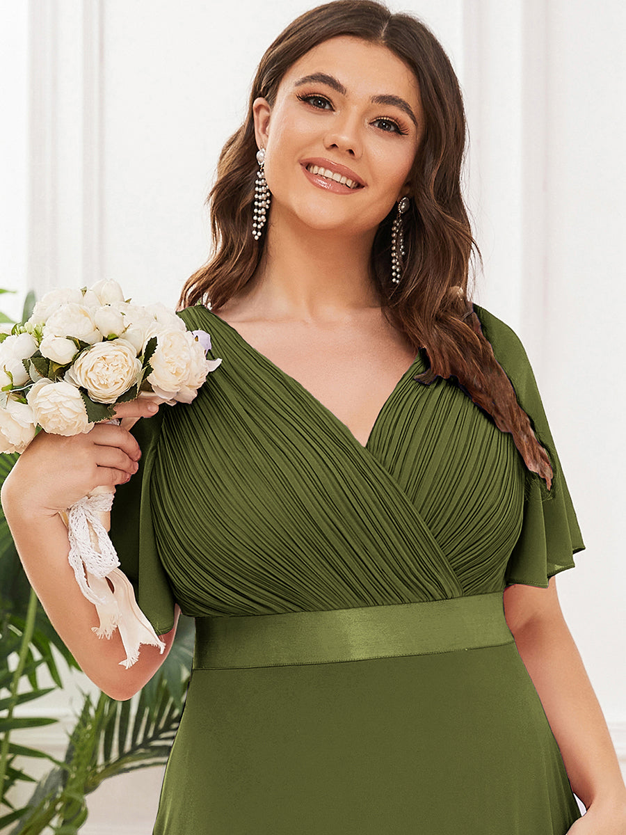 Plus Size Simple Empire Waist Flutter Sleeve Evening Dress #color_Olive Green