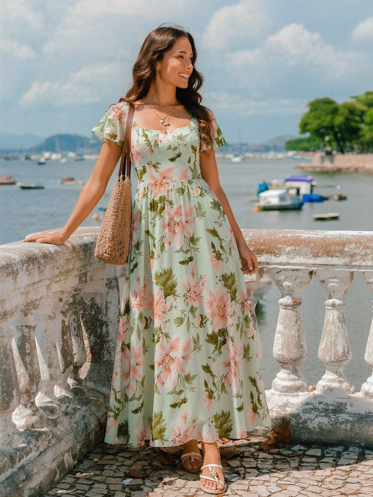 Ruched Chiffon Ruffle Sleeve Bridesmaid Dress #color_Light Green Floral
