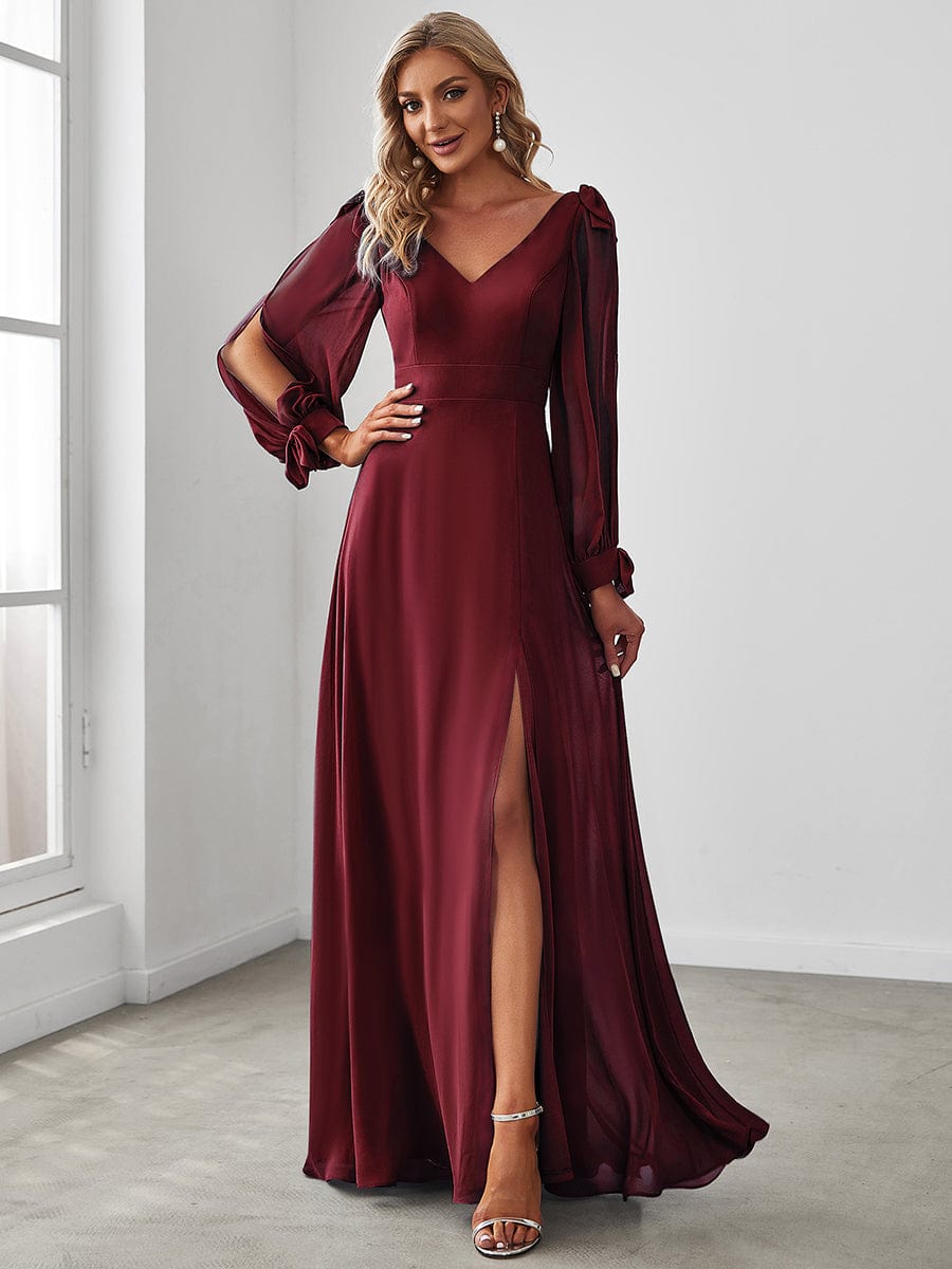 Open Lantern Sleeve A-Line Bridesmaid Dress #color_Burgundy