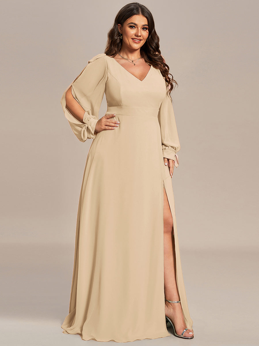 Plus Size Open Lantern Sleeve A-Line Bridesmaid Dress #color_Champagne