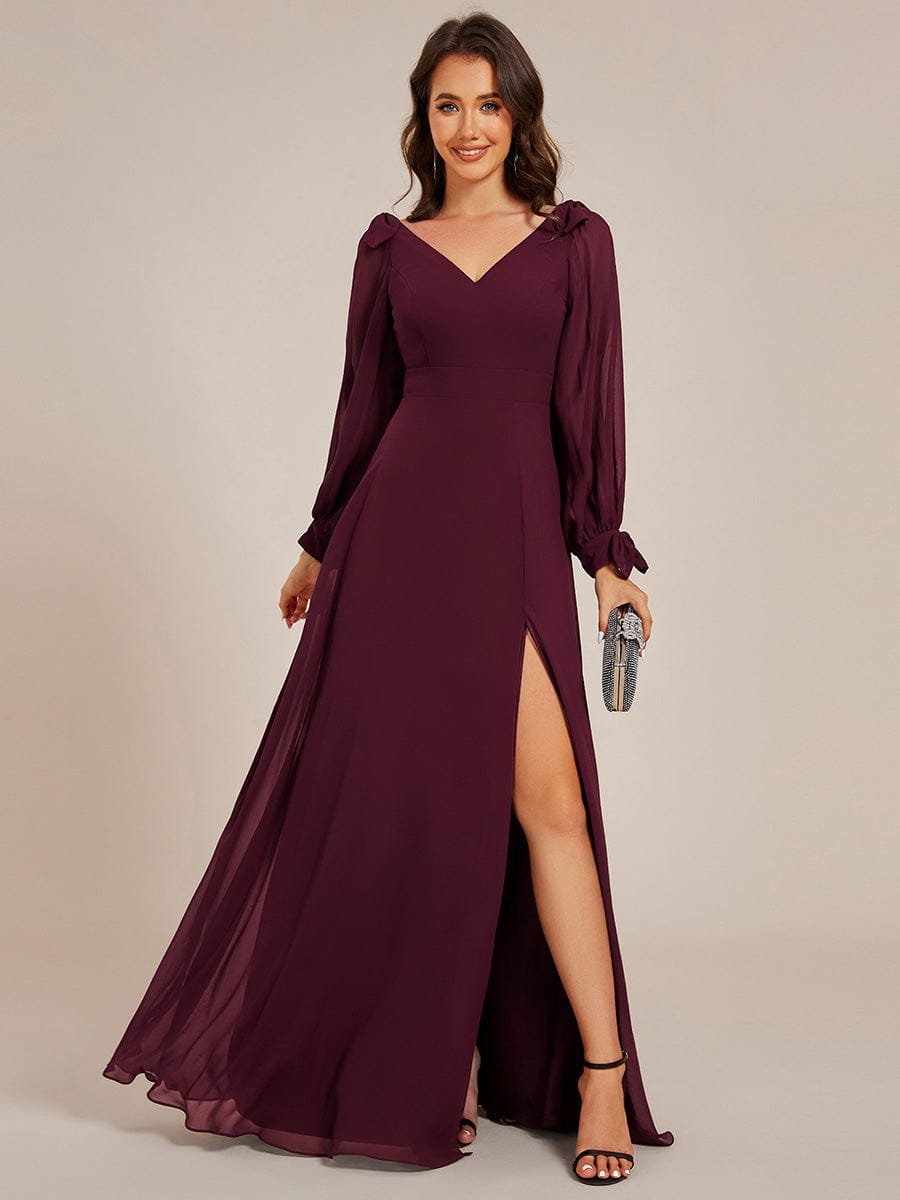 Open Lantern Sleeve A-Line Bridesmaid Dress #color_Mulberry