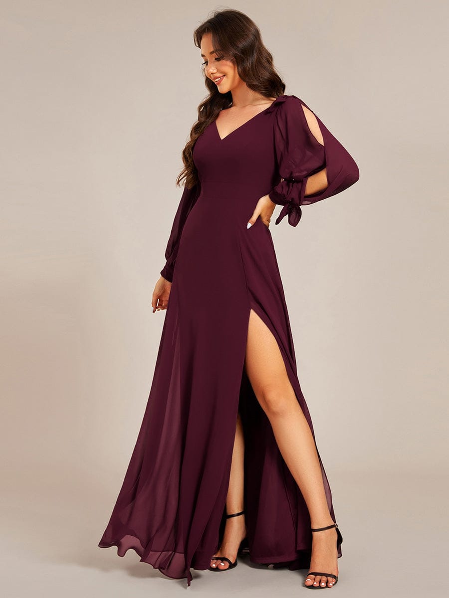 Open Lantern Sleeve A-Line Bridesmaid Dress #color_Mulberry
