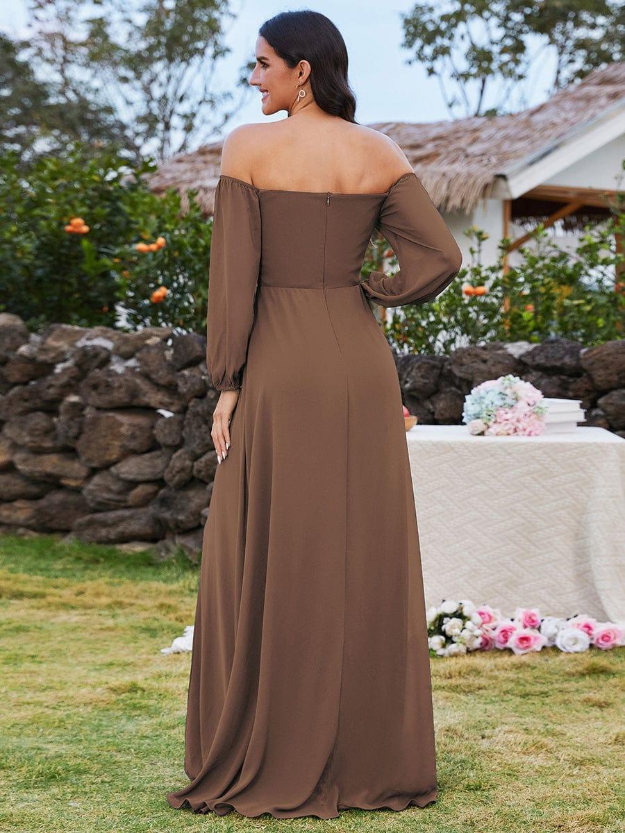 High-Slit Waist Pleated Off Shoulder Chiffon Bridesmaid Dress with Long Sleeves #color_Brown