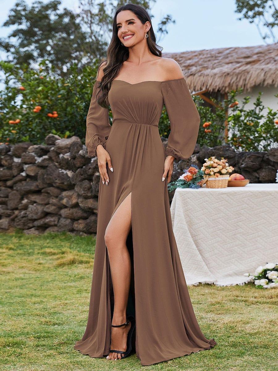 High-Slit Waist Pleated Off Shoulder Chiffon Bridesmaid Dress with Long Sleeves #color_Brown