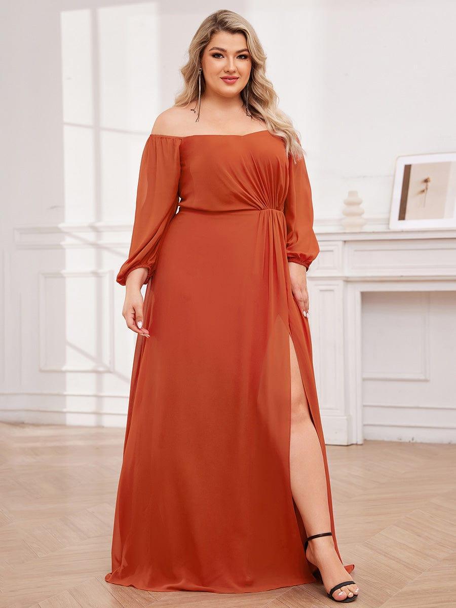 Plus Size High-Slit Waist Pleated Bridesmaid Dress with Long Sleeves #color_Burnt Orange
