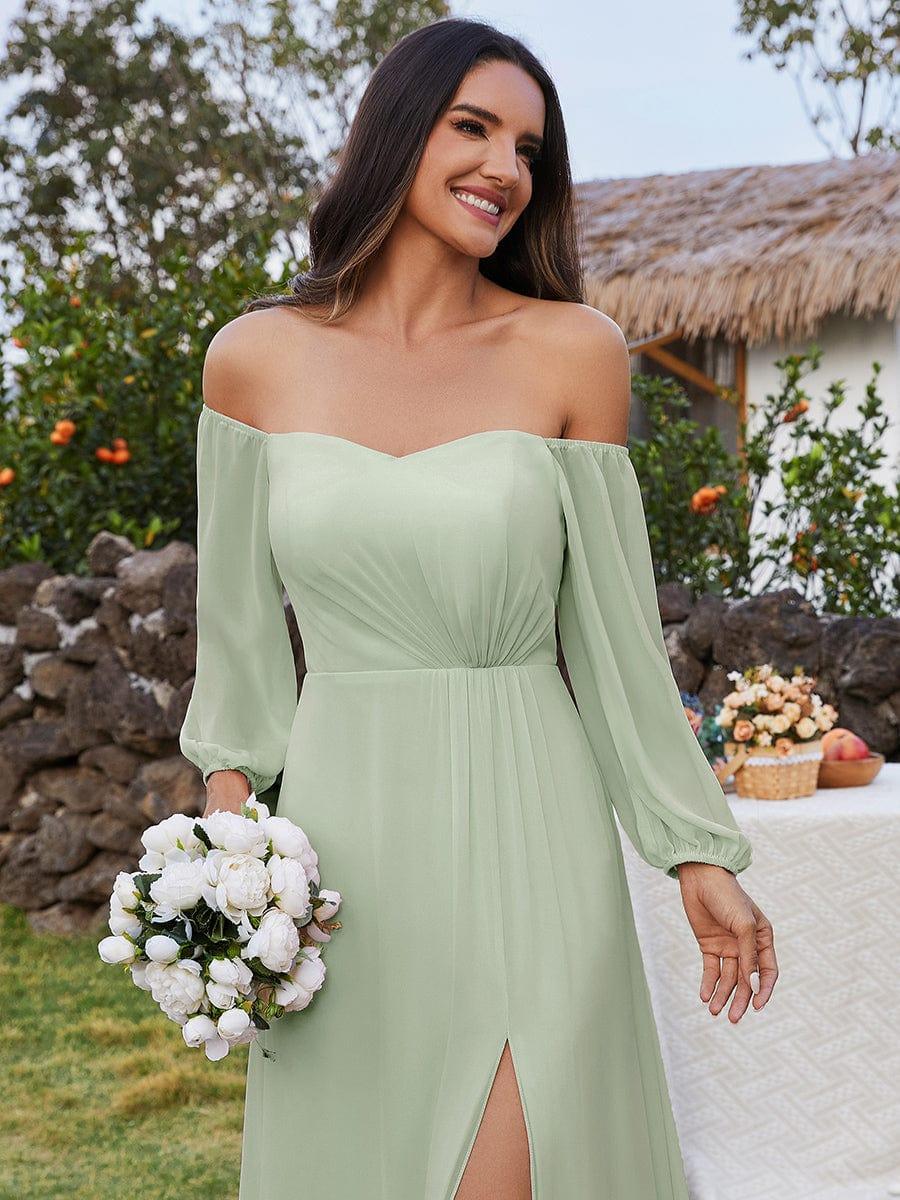 High-Slit Waist Pleated Off Shoulder Chiffon Bridesmaid Dress with Long Sleeves #color_Mint Green