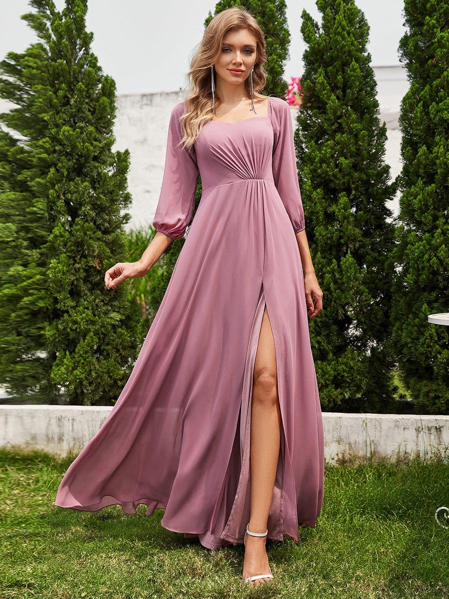 High-Slit Waist Pleated Off Shoulder Chiffon Bridesmaid Dress with Long Sleeves #color_Purple Orchid