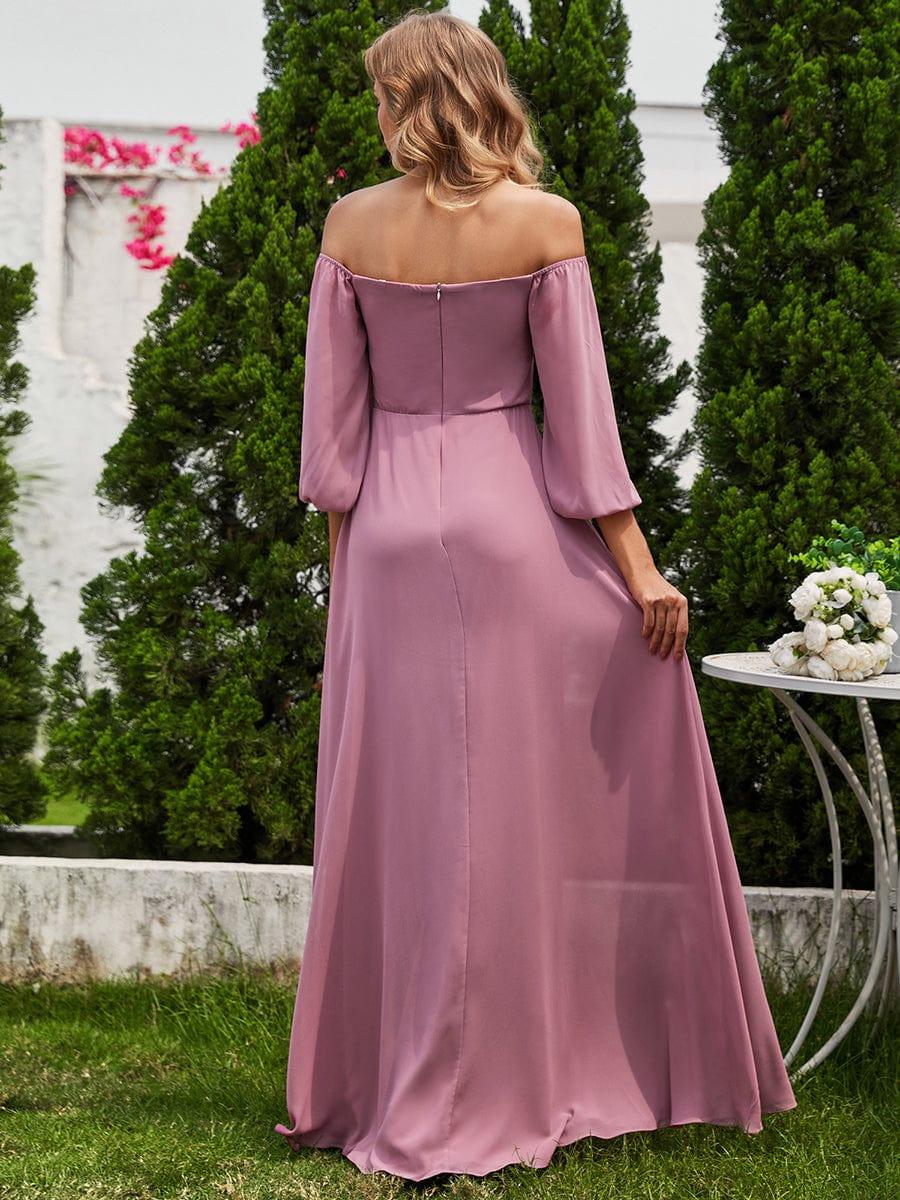High-Slit Waist Pleated Off Shoulder Chiffon Bridesmaid Dress with Long Sleeves #color_Purple Orchid