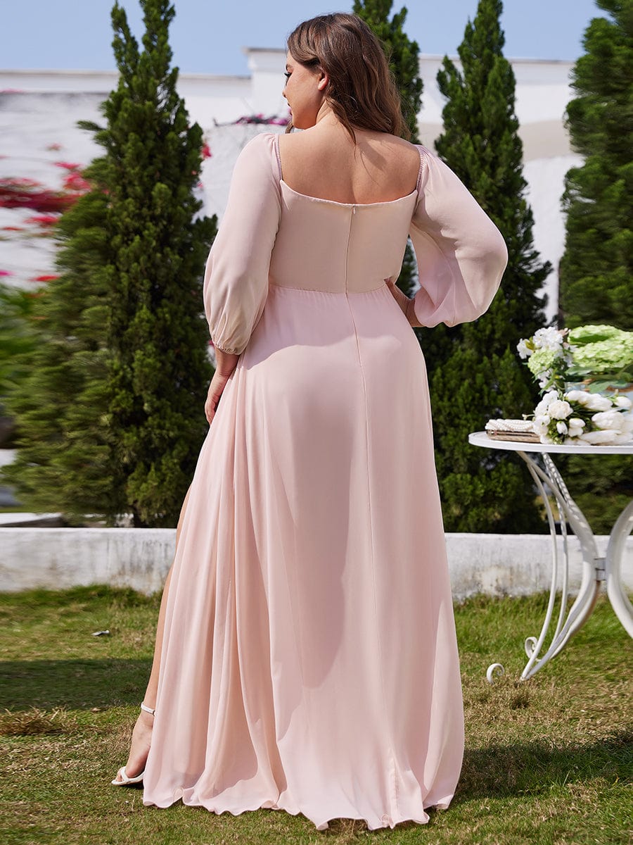 Plus Size High-Slit Waist Pleated Bridesmaid Dress with Long Sleeves #color_Pink