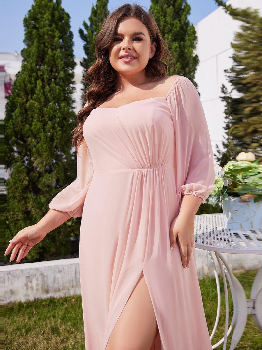 High-Slit Waist Pleated Off Shoulder Chiffon Bridesmaid Dress with Long Sleeves #color_Pink