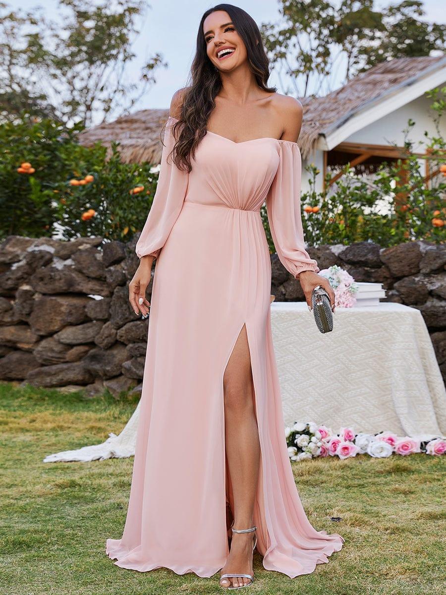 High-Slit Waist Pleated Off Shoulder Chiffon Bridesmaid Dress with Long Sleeves #color_Pink