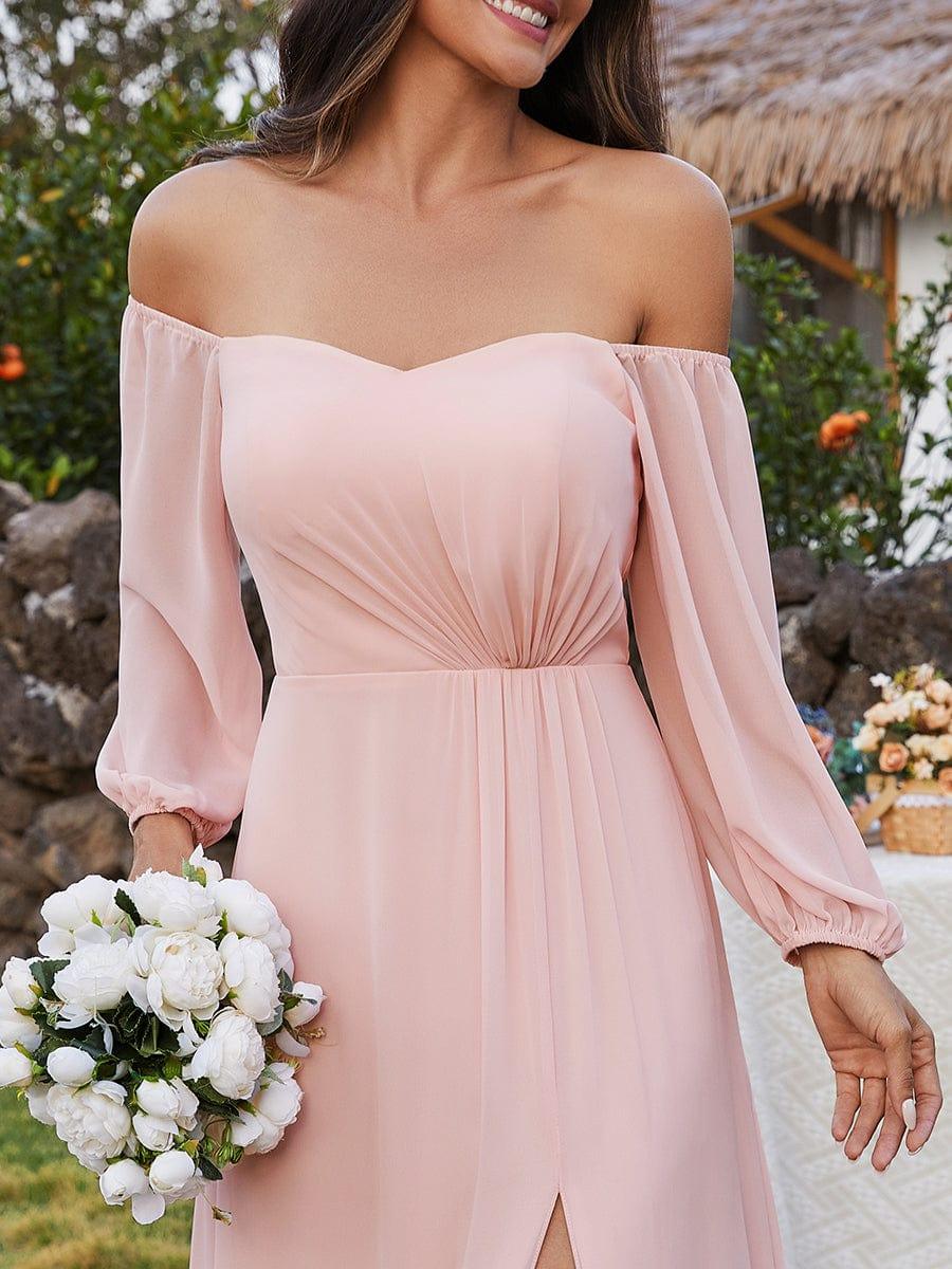 High-Slit Waist Pleated Off Shoulder Chiffon Bridesmaid Dress with Long Sleeves #color_Pink