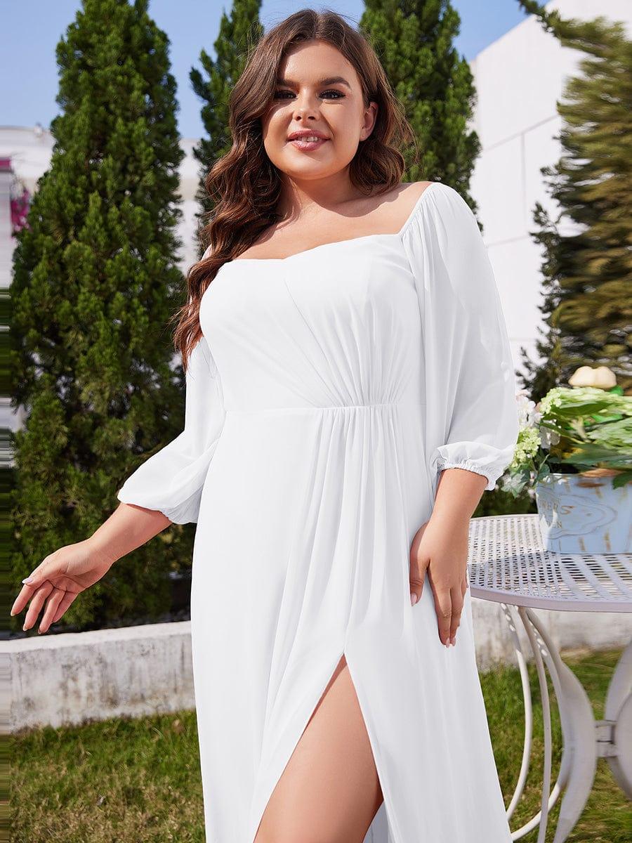 High-Slit Waist Pleated Off Shoulder Chiffon Bridesmaid Dress with Long Sleeves #color_White