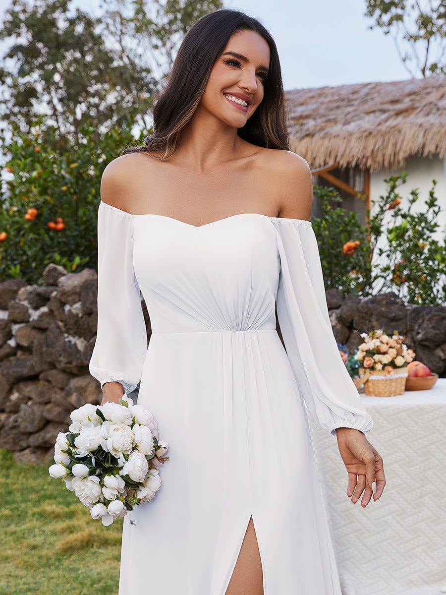 High-Slit Waist Pleated Off Shoulder Chiffon Bridesmaid Dress with Long Sleeves #color_White