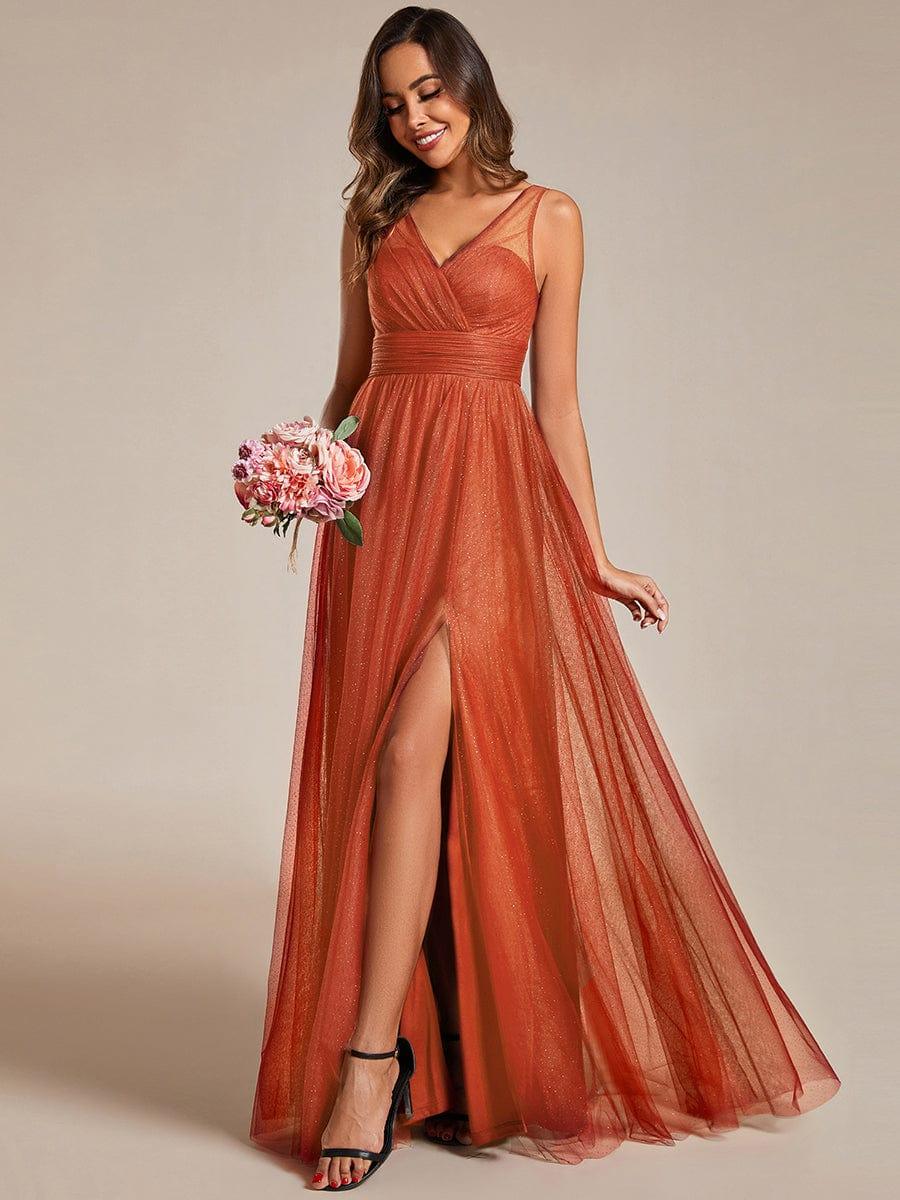 Glittering High Slit Sleeveless Bridesmaid Dress with Empire Waist #color_Burnt Orange
