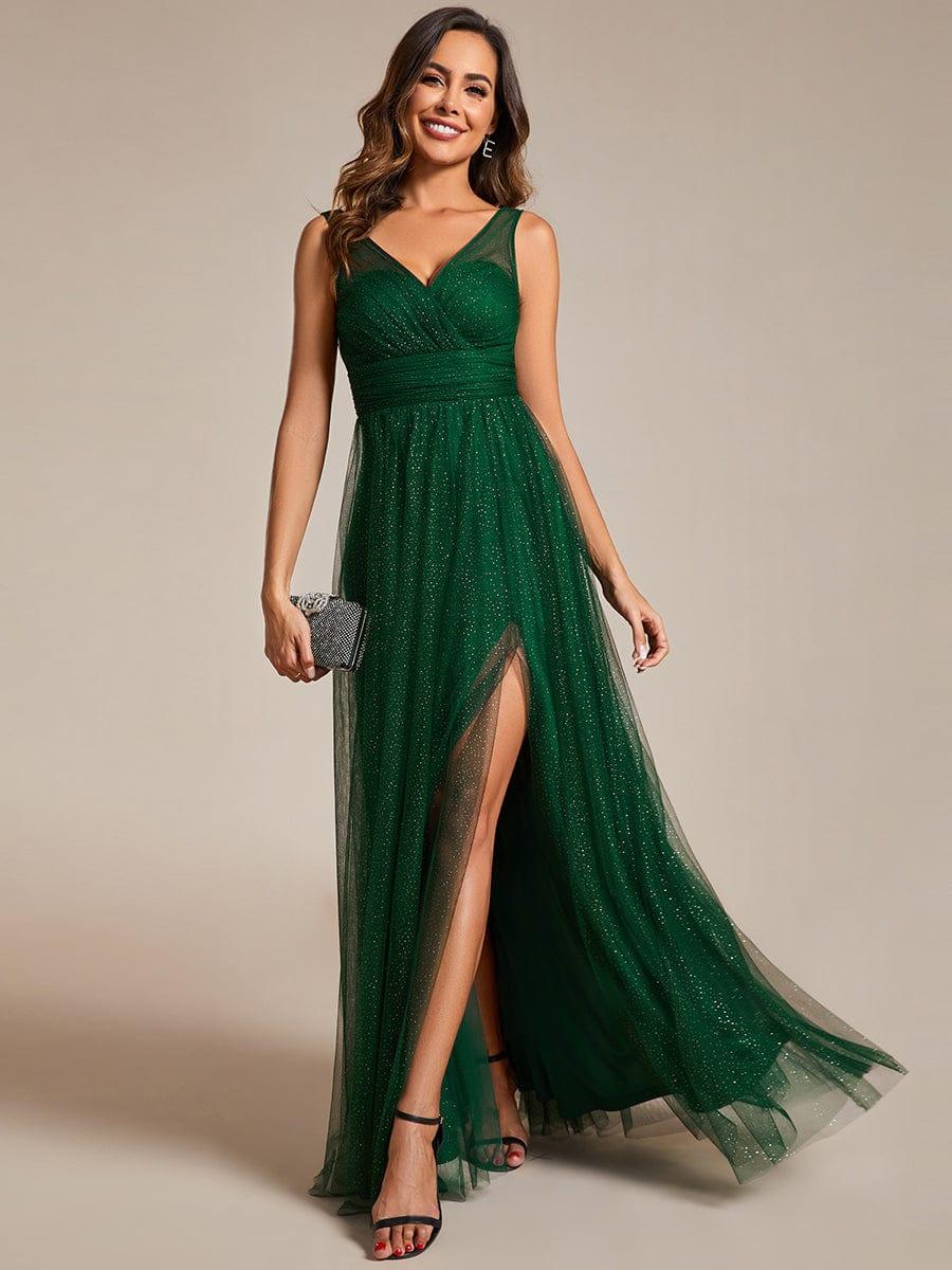 Glittering High Slit Sleeveless Bridesmaid Dress with Empire Waist #color_Dark Green