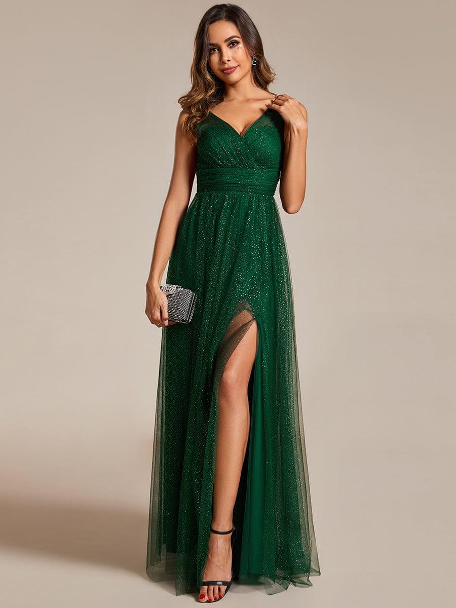 Glittering High Slit Sleeveless Bridesmaid Dress with Empire Waist #color_Dark Green