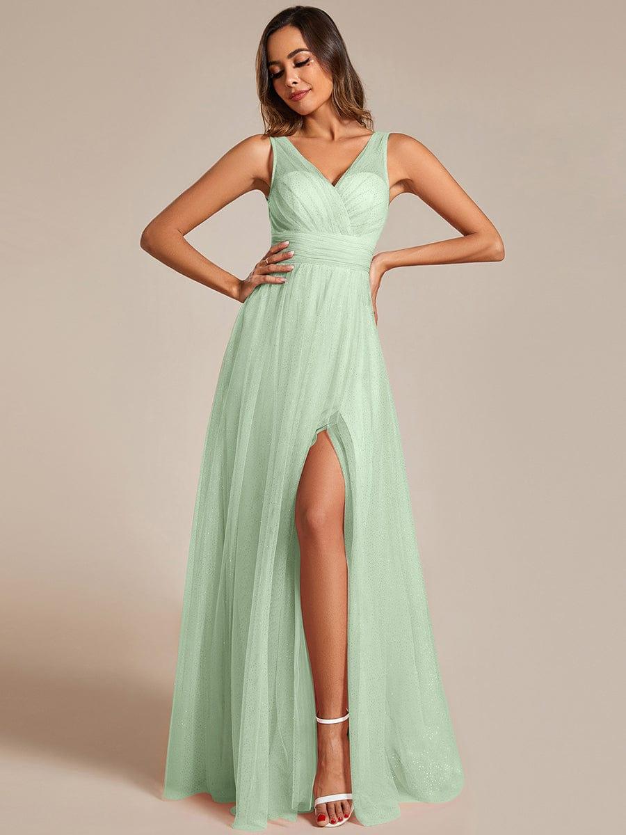 Glittering High Slit Sleeveless Bridesmaid Dress with Empire Waist #color_Mint Green