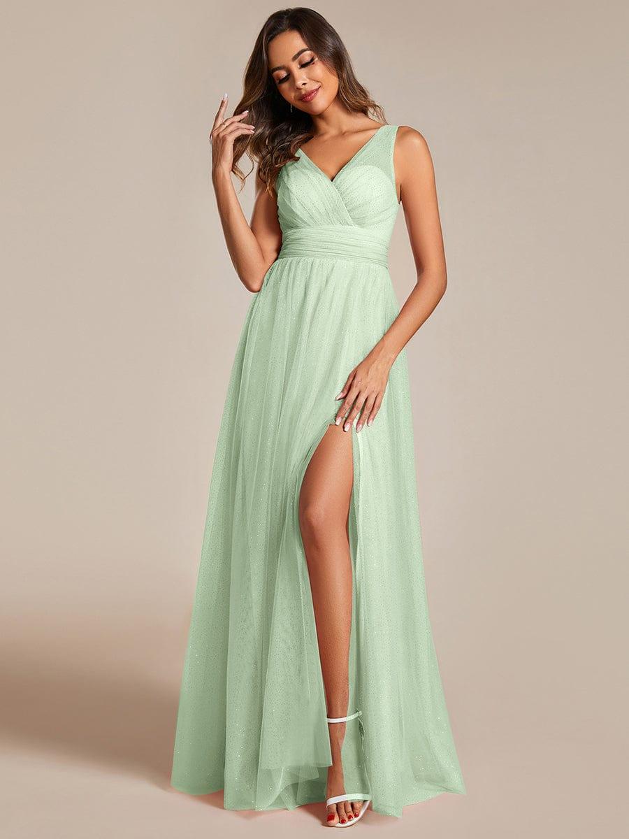 Glittering High Slit Sleeveless Bridesmaid Dress with Empire Waist #color_Mint Green