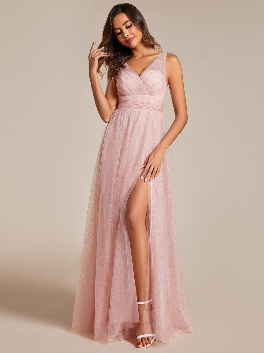 Glittering High Slit Sleeveless Bridesmaid Dress with Empire Waist #color_Pink