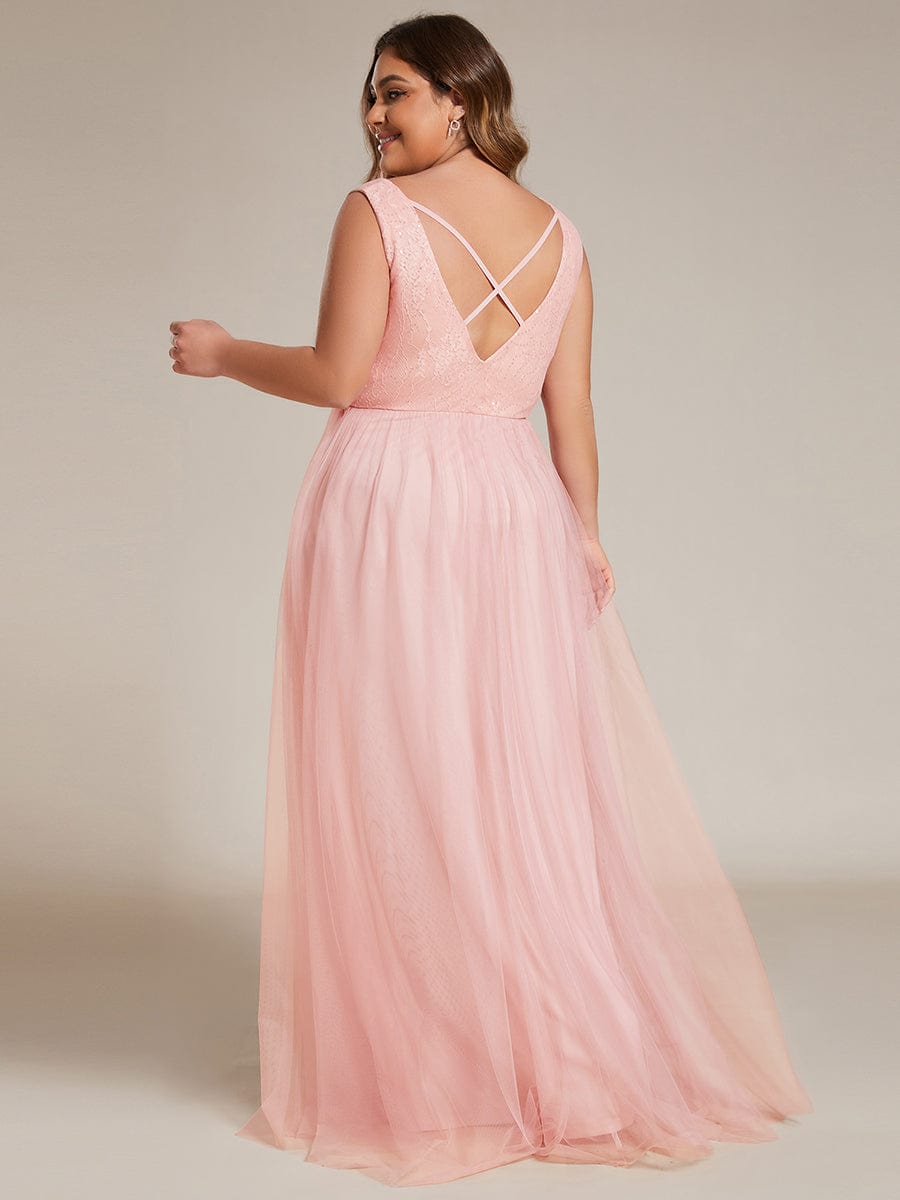 Chic Plus Size Sleeveless V-neck Lace and Tulle Bridesmaid Dress #color_Pink