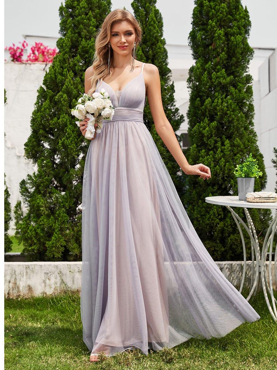 High-Waisted Backless See-Through Tulle Bridesmaid Dress with V-Neck #color_Grey
