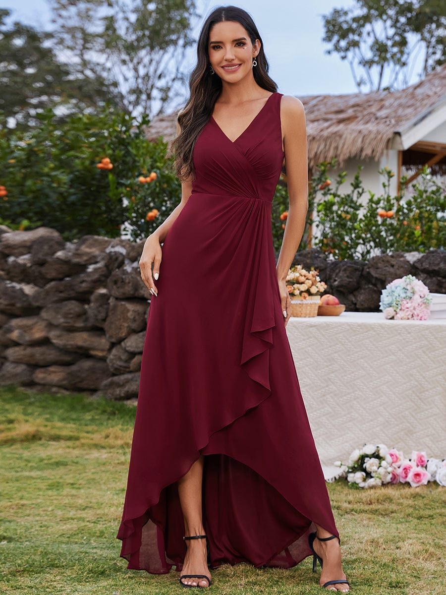 Chic High-Low V-Neck Chiffon Bridesmaid Dress with Front Pleating #color_Burgundy