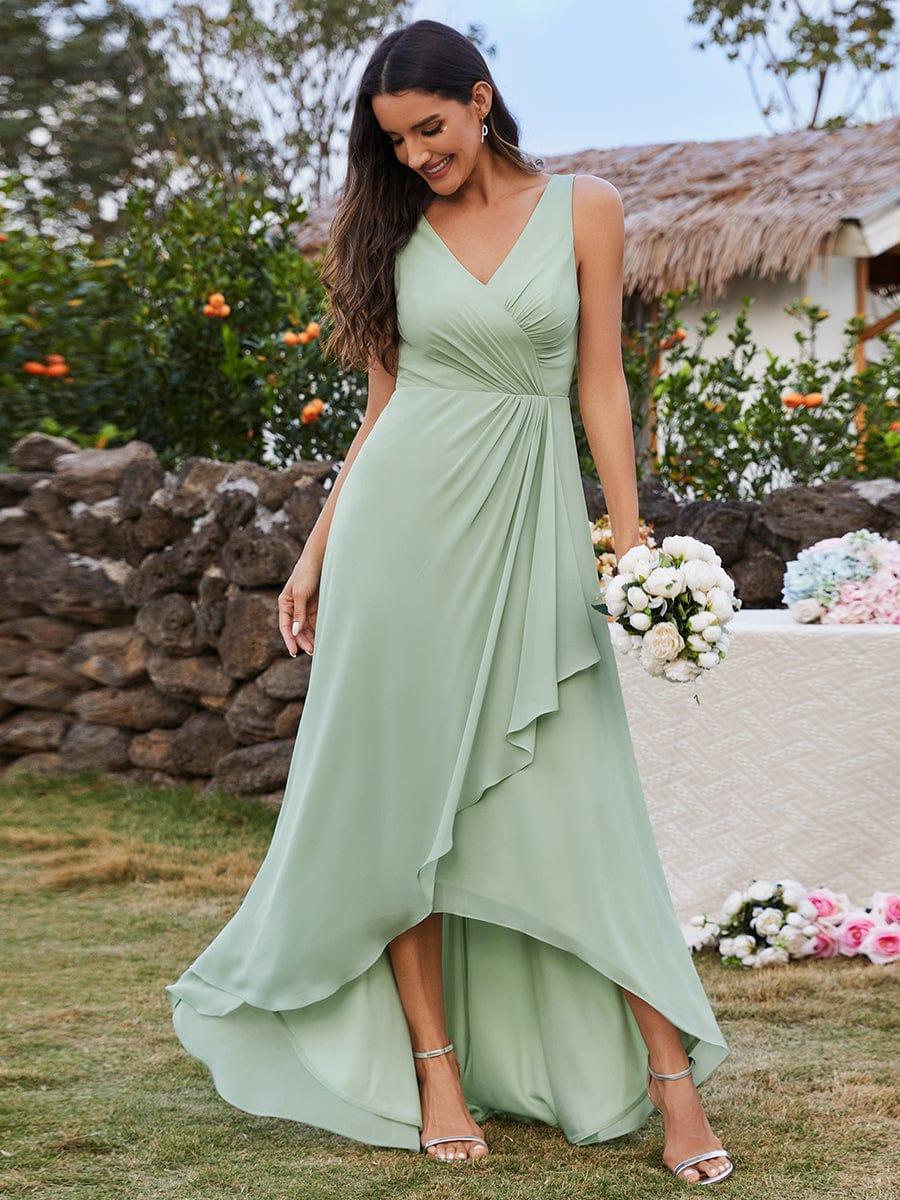 Chic High-Low V-Neck Chiffon Bridesmaid Dress with Front Pleating #color_Mint Green