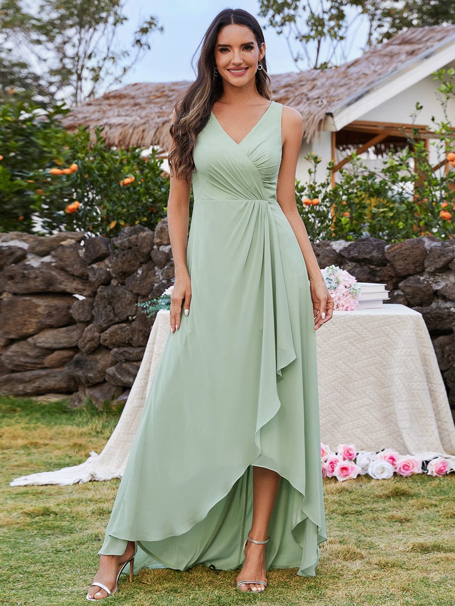 Chic High-Low V-Neck Chiffon Bridesmaid Dress with Front Pleating #color_Mint Green