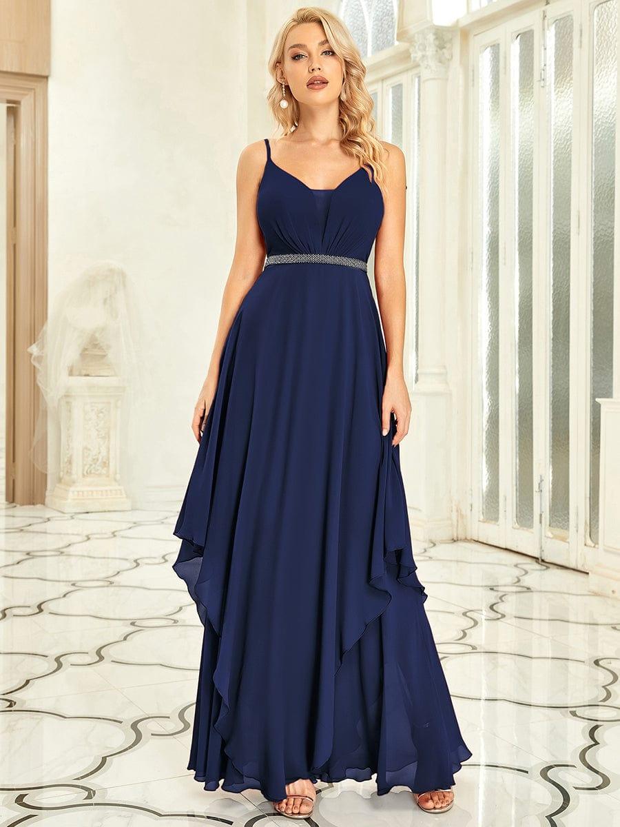 Ruffle Hem and Pearl Waist Detail V-Neck Backless Chiffon Bridesmaid Dress #color_Navy Blue