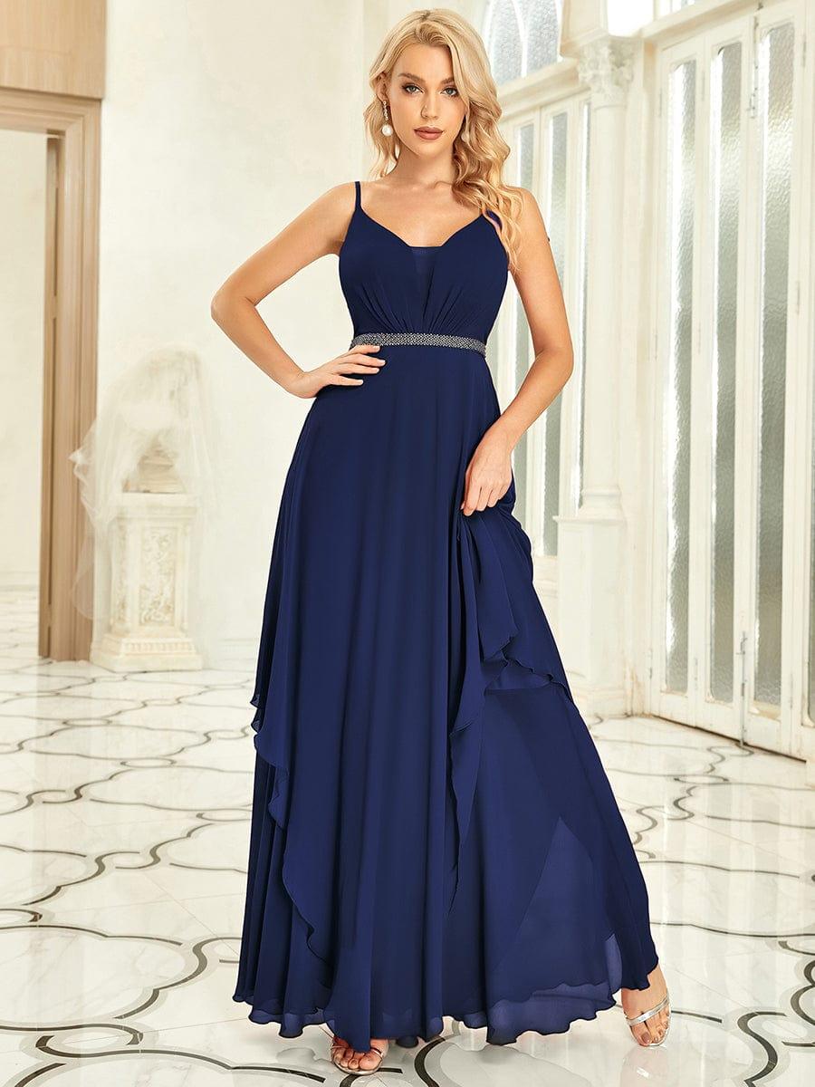 Ruffle Hem and Pearl Waist Detail V-Neck Backless Chiffon Bridesmaid Dress #color_Navy Blue
