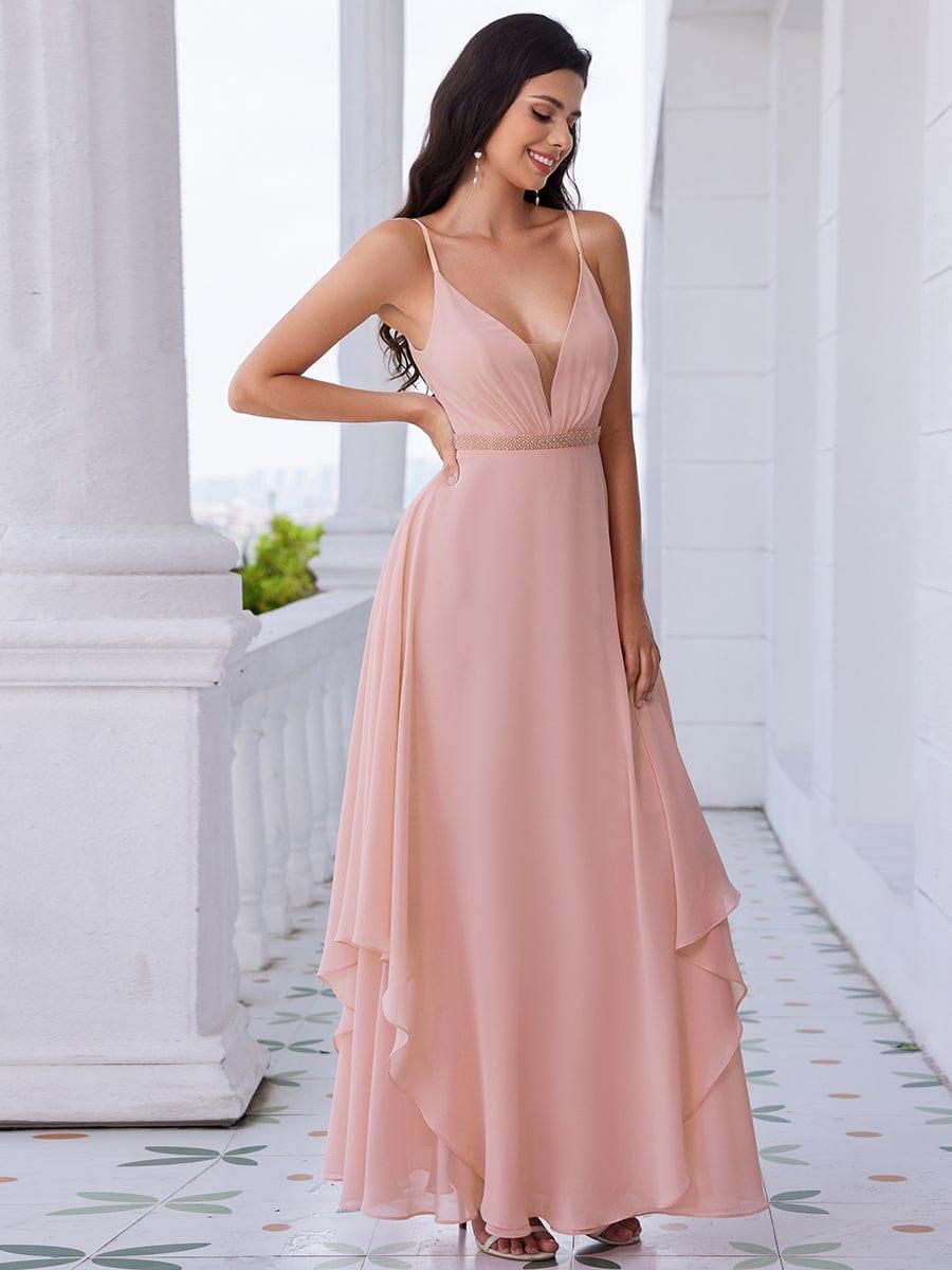 Ruffle Hem and Pearl Waist Detail V-Neck Backless Chiffon Bridesmaid Dress #color_Pink