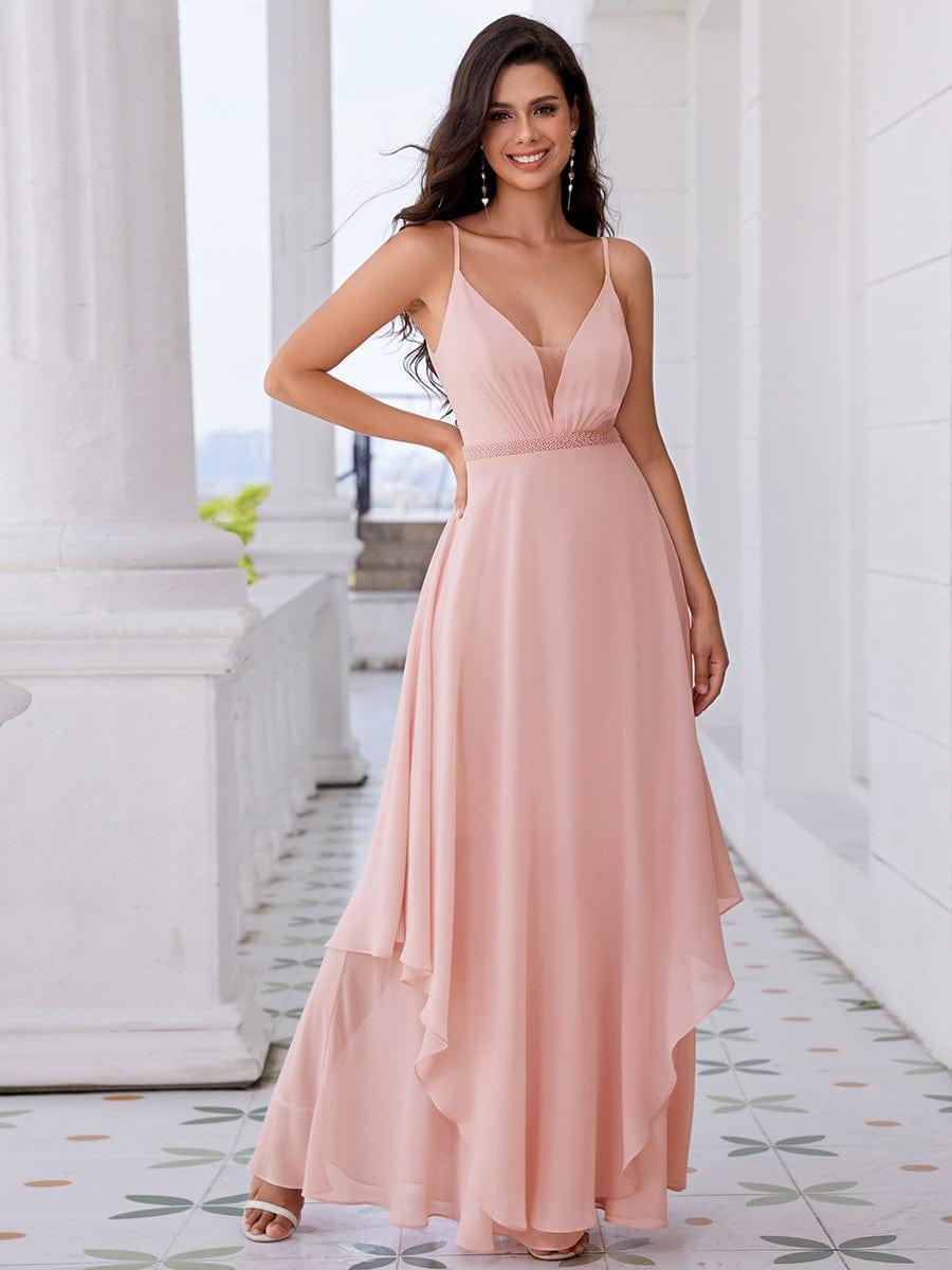 Ruffle Hem and Pearl Waist Detail V-Neck Backless Chiffon Bridesmaid Dress #color_Pink