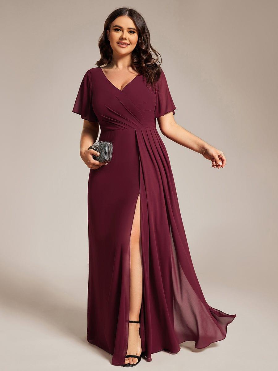 Plus Size High Slit V-Neck Empire Waist Chiffon Bridesmaid Dress #color_Burgundy