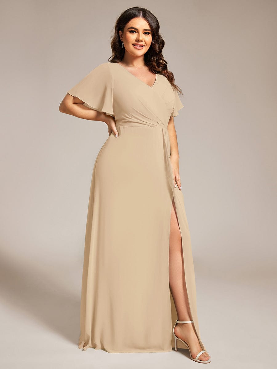 Plus Size High Slit V-Neck Empire Waist Chiffon Bridesmaid Dress #color_Champagne