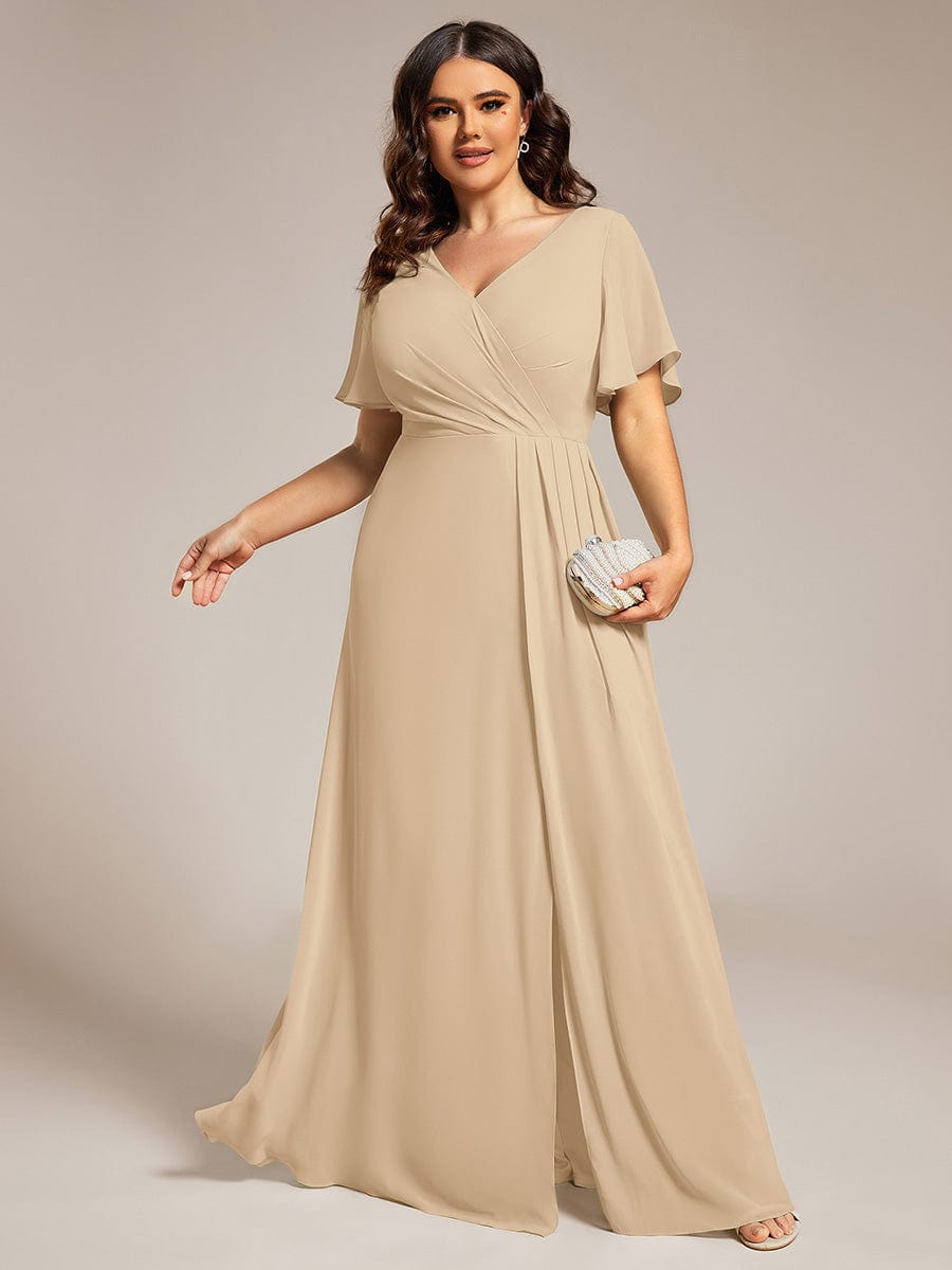 Plus Size High Slit V-Neck Empire Waist Chiffon Bridesmaid Dress #color_Champagne