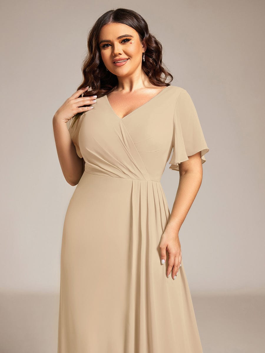 Plus Size High Slit V-Neck Empire Waist Chiffon Bridesmaid Dress #color_Champagne