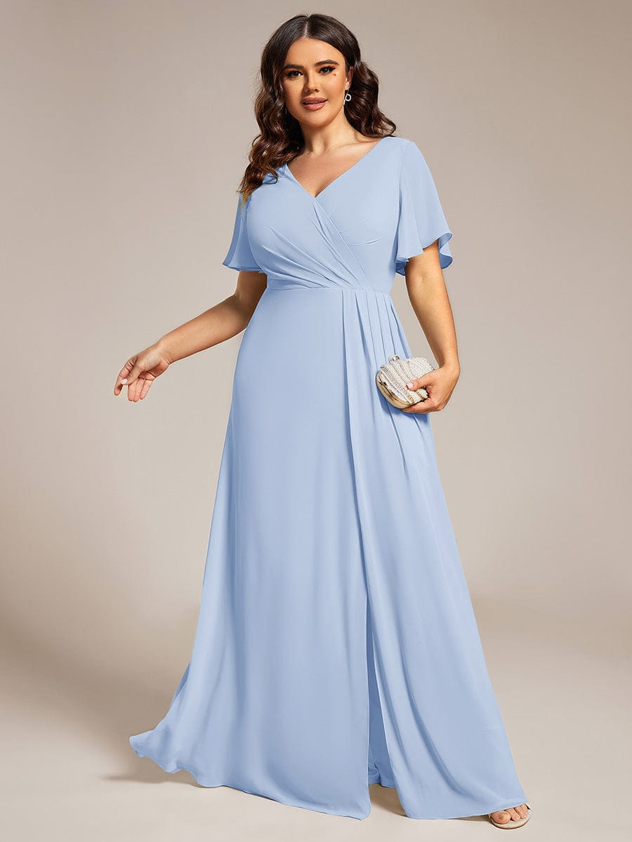 Plus Size High Slit V-Neck Empire Waist Chiffon Bridesmaid Dress #color_Ice Blue