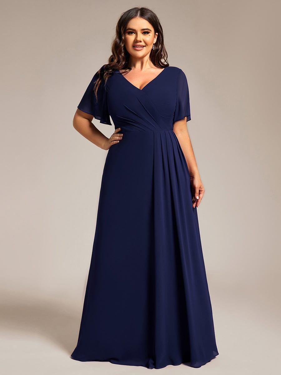 Plus Size High Slit V-Neck Empire Waist Chiffon Bridesmaid Dress #color_Navy Blue