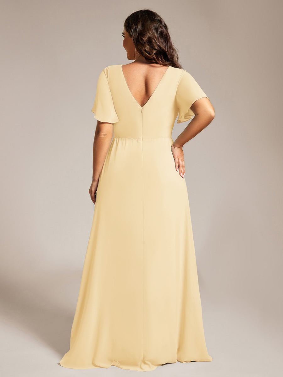 High Slit V-Neck Chiffon High Waist Bridesmaid Dress with Ruffle Sleeve #color_Yellow