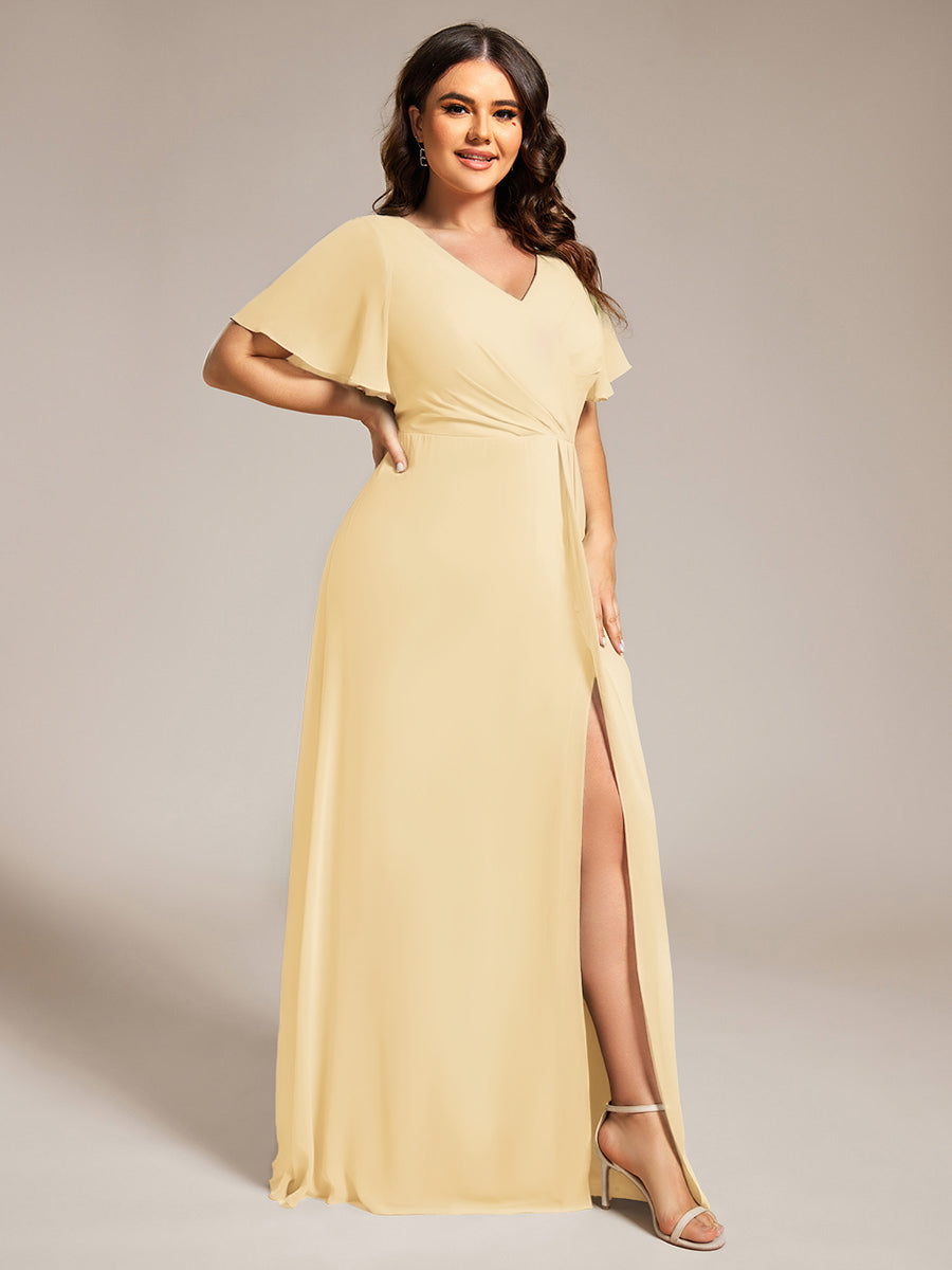 High Slit V-Neck Chiffon High Waist Bridesmaid Dress with Ruffle Sleeve #color_Yellow