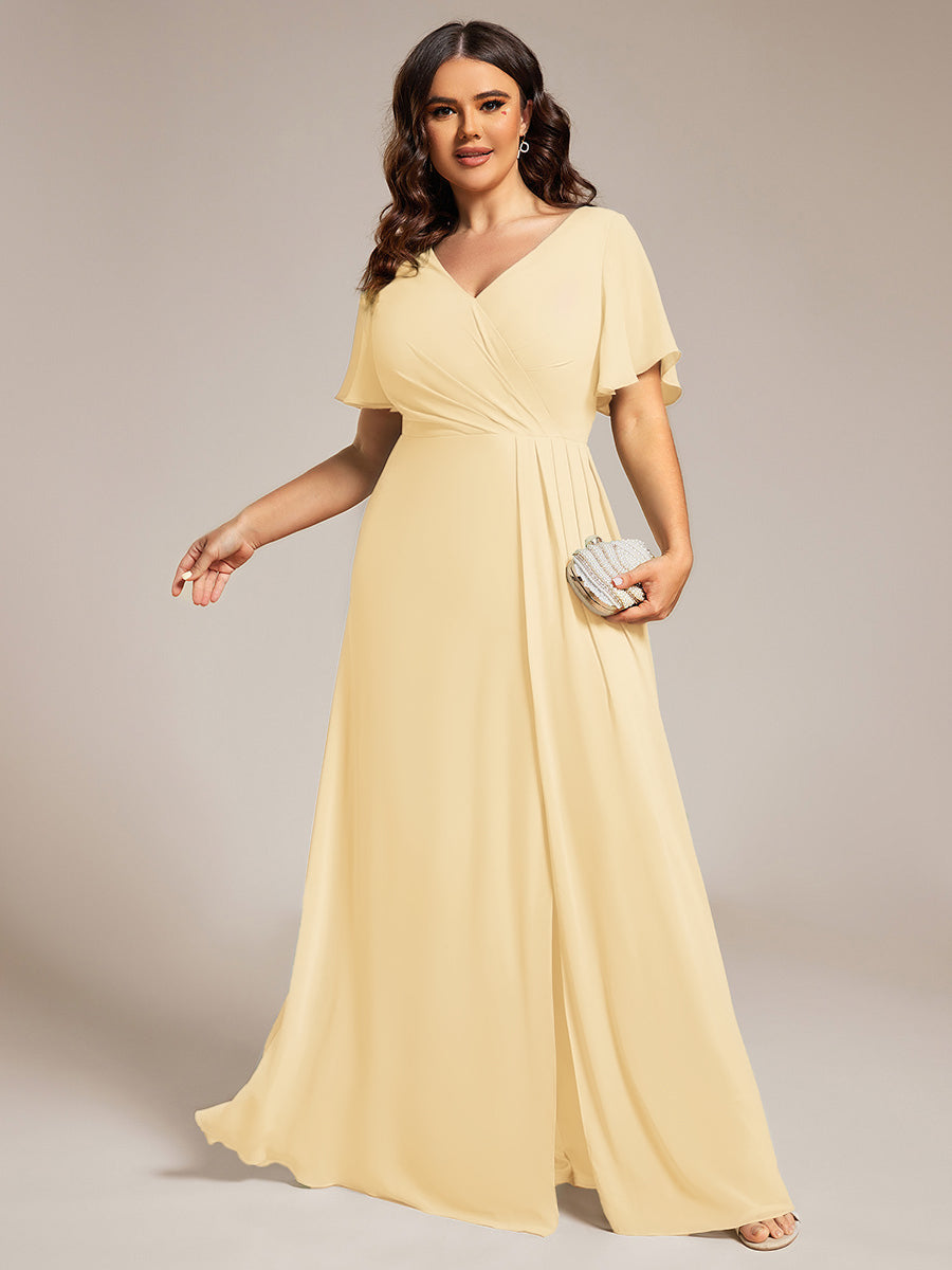 High Slit V-Neck Chiffon High Waist Bridesmaid Dress with Ruffle Sleeve #color_Yellow
