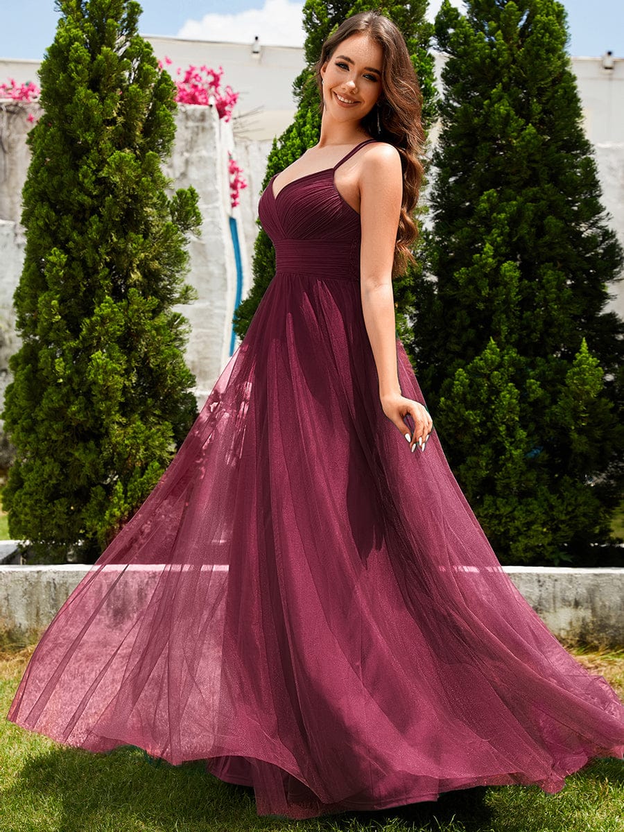Chic Lace Sheer Back and Cross Straps V-Neck Sleeveless Bridesmaid Dress #color_Burgundy