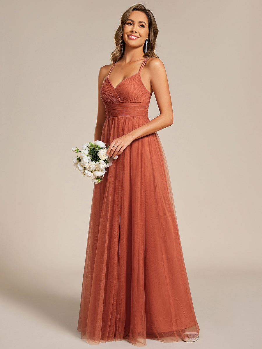 Chic Lace Sheer Back and Cross Straps V-Neck Sleeveless Bridesmaid Dress #color_Burnt Orange