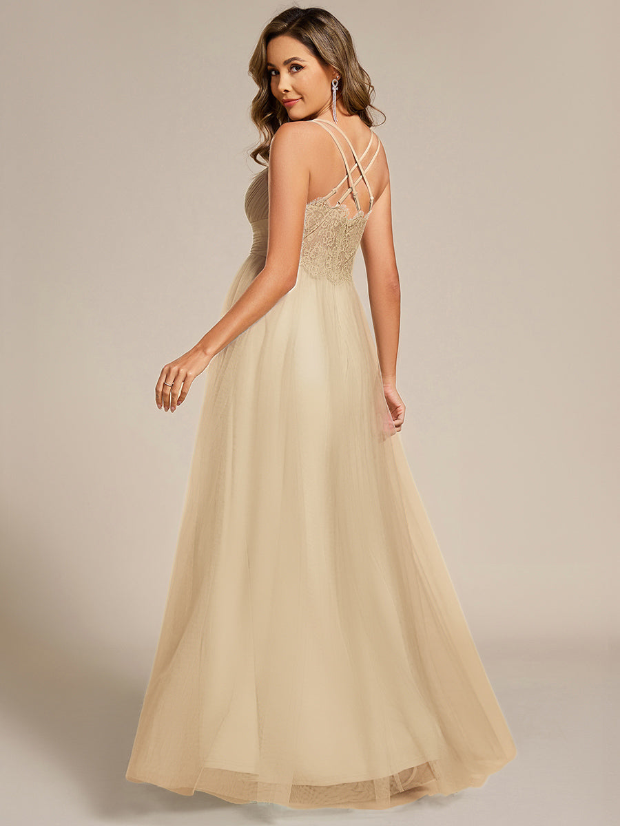 Chic Lace Sheer Back and Cross Straps V-Neck Sleeveless Bridesmaid Dress #color_Champagne