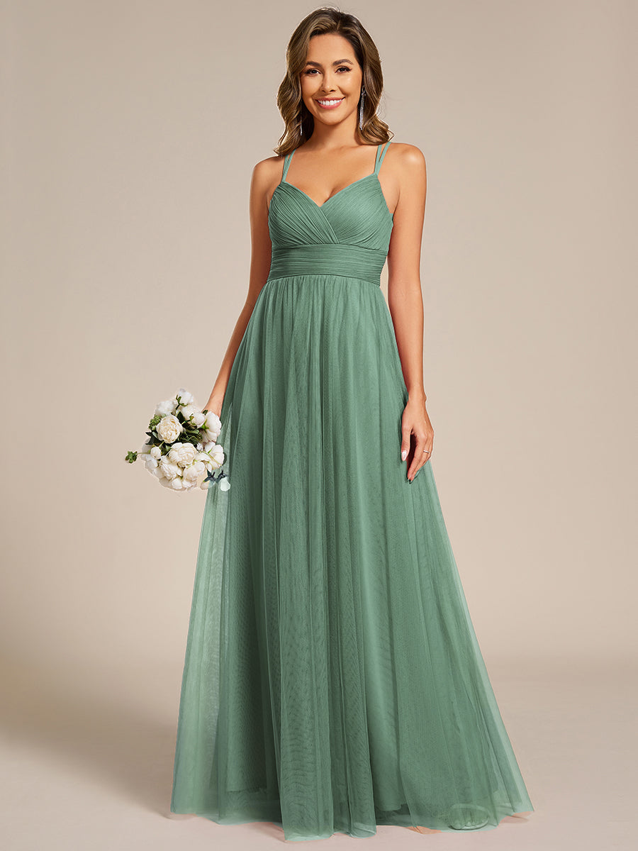 Chic Lace Sheer Back and Cross Straps V-Neck Sleeveless Bridesmaid Dress #color_Green Bean